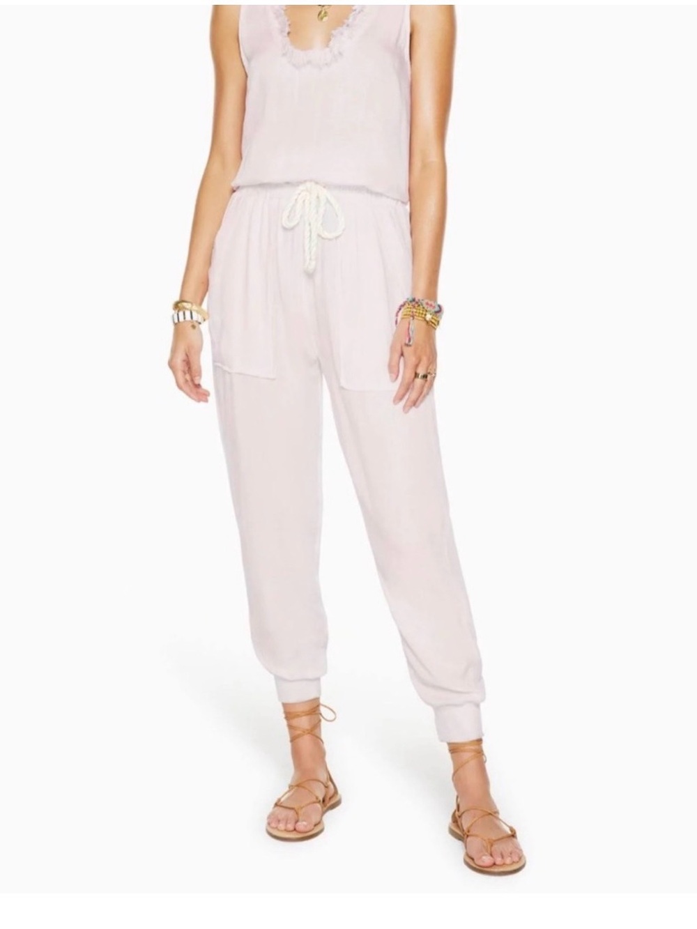 Ramy brooks light pink sleeveless jumpsuit drawstring waist and frayed collar